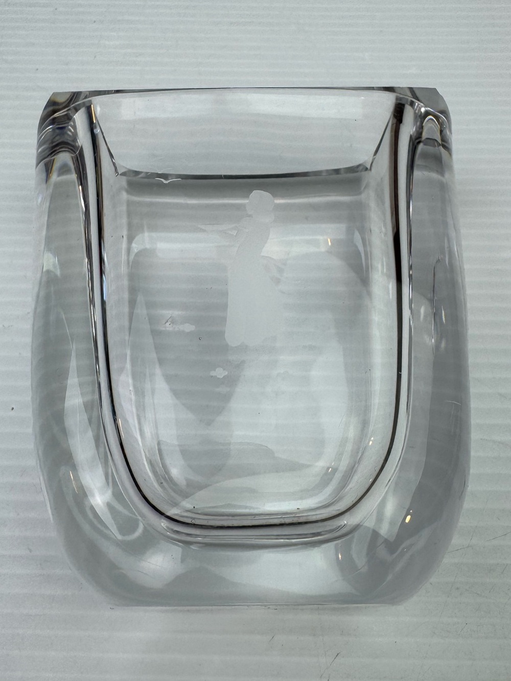 Crystal Vase J Skruf Etched Girl Feeding Birds Sweden 3.5 in Clear Crystal Decor